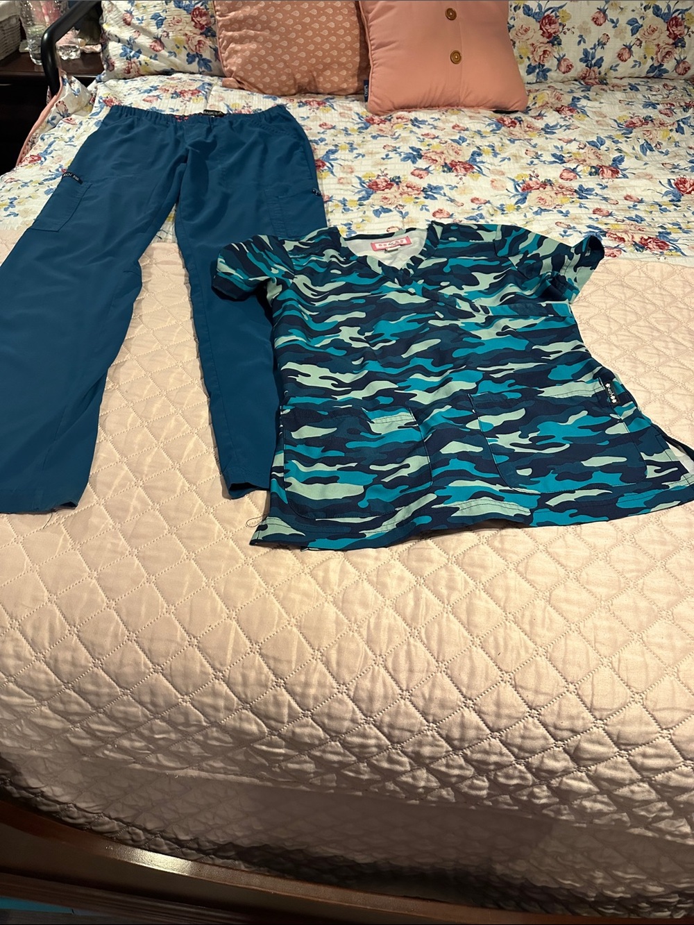 koi Teal and Blue Camo Scrub Top with Teal Scrub Pants